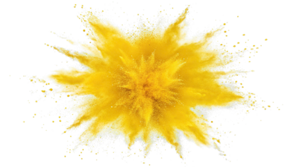Bright yellow powder explosion captured in mid air isolated on transparent background