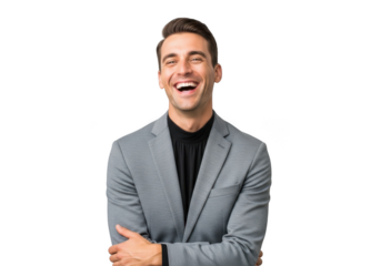 Laughing businessman portrait in gray suit, happy man isolated, professional headshot, smiling executive, isolated on transparent background