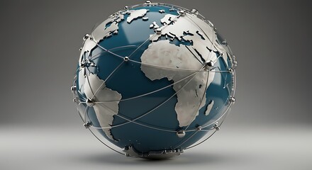 Detailed Globe with Metallic Network Overlay, Global Connectivity Concept