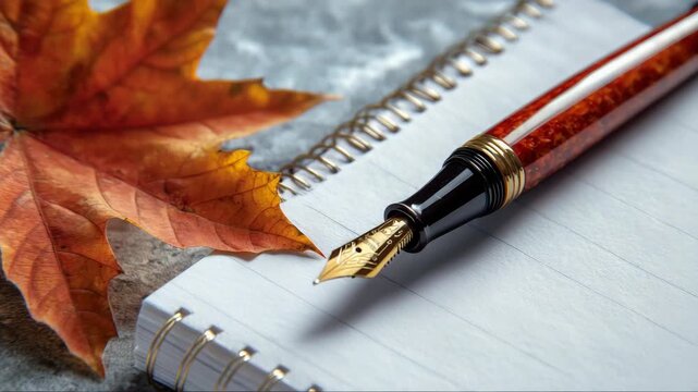 Elegant fountain pen resting on a notebook with an autumn leaf on a stone surface