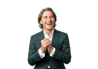 Enthusiastic businessman laughing portrait, cheerful executive in green suit, happy professional man, isolated on transparent background