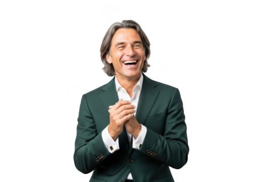 Enthusiastic businessman laughing portrait, cheerful executive in green suit, happy professional man, isolated on transparent background - Powered by Adobe