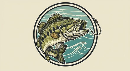 Detailed Illustration of a Largemouth Bass Jumping Towards Fishing Hook