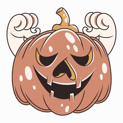 Cute Halloween pumpkin cartoon vector illustration with spooky face and flexing arms for festive decorations