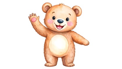 A cheerful cartoon bear character, rendered with soft watercolor-like brushstrokes, is depicted against a plain white background, extending a welcoming paw.