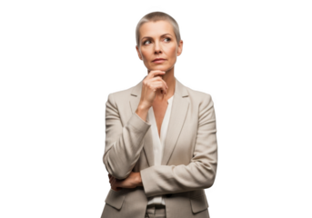 Pensive businesswoman portrait, thoughtful female entrepreneur in suit, professional woman thinking, isolated on transparent background