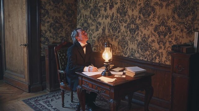 Vintage video scene of a man writing at a dimly lit desk, captured from a side angle, highlighting the ornate wallpaper and classic decor. Live desktop wallpaper.