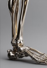 Metallic Human Skeleton Leg and Foot 3D Rendering on Gray Background