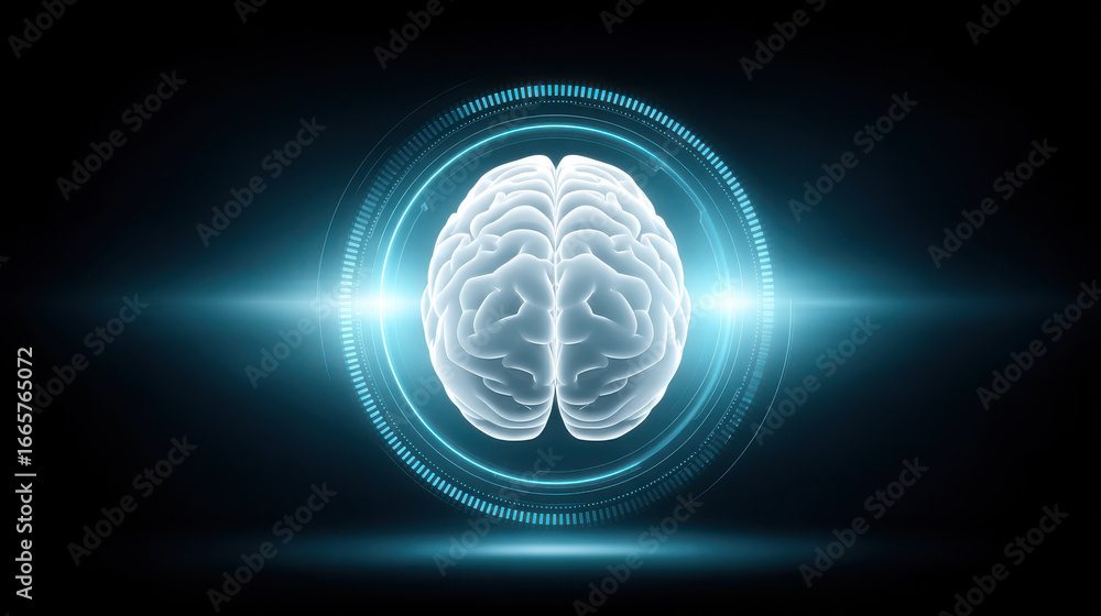 Poster digital representation of brain surrounded by glowing light, symbolizing advanced imaging techniques