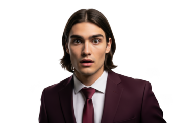 Surprised young man in burgundy suit with long brown hair, portrait photography, studio shot, model, actor, isolated on transparent background