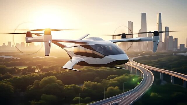 Futuristic passenger drone aircraft flying above city landscape during golden hour sunset