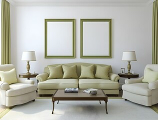 Elegant Living Room Interior with Blank Frames and Cream Sofa