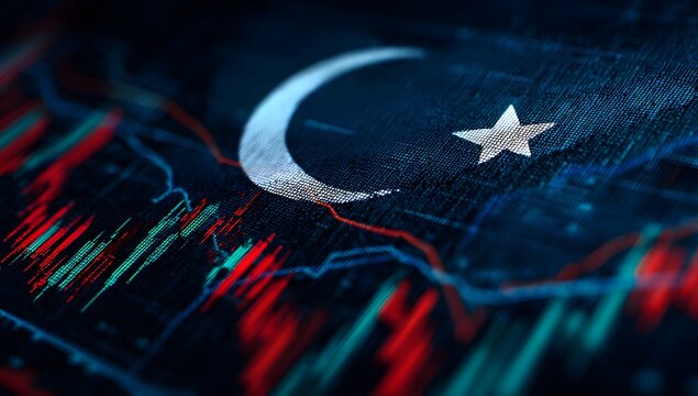 A digital illustration of the Pakistani flag with stock market charts in the background,