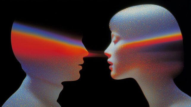 Unique characters dialogue between two people confused conversation, symbolizing cosmic energy, alignment of body and soul