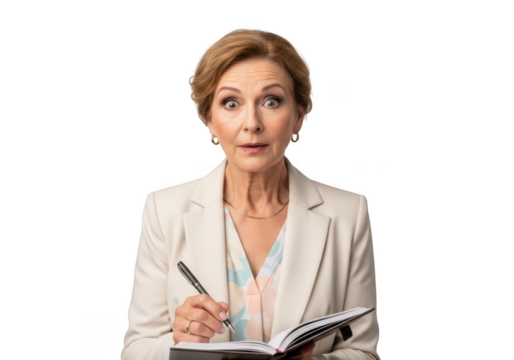 Surprised businesswoman taking notes, shocked expression, mature woman, female executive, png image, transparent background, isolated on transparent background - Powered by Adobe