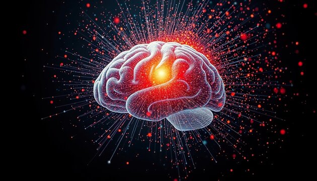 Digital brain exploding into thousands of data particles