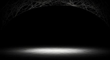 Mysterious empty stage with a spotlight on a grunge floor under an arch of spooky cobwebs, creating a dark horror themed background