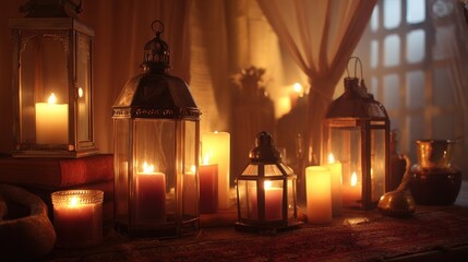 Illuminated lanterns and candles in a warm interior