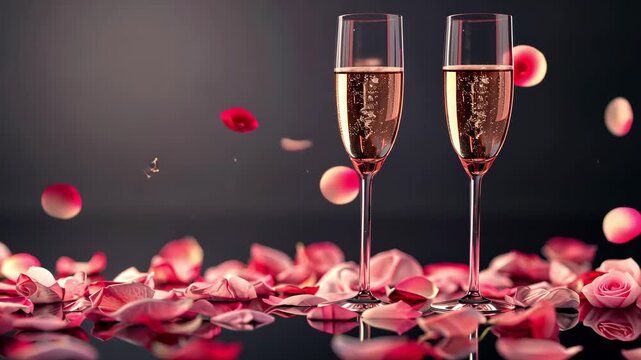 An elegant photo showcasing two sparkling champagne glasses elegantly placed amidst delicate pink rose petals, perfect for celebrations and romantic occasions.