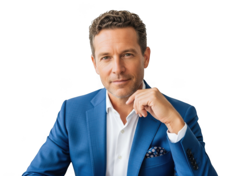 Professional businessman portrait in blue suit posing with hand on chin stock photo image for business use isolated on transparent background - Powered by Adobe