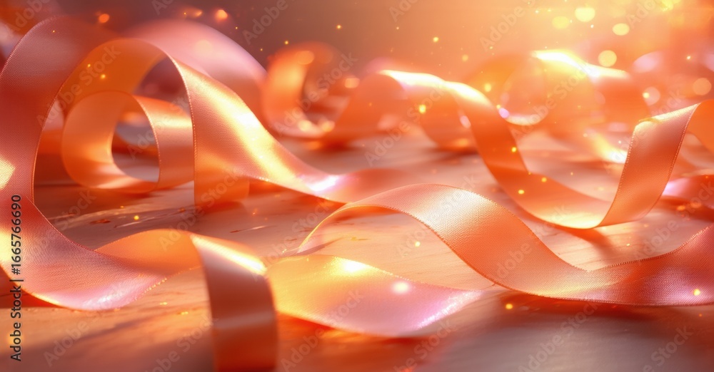 Poster orange ribbons flow, creating soft curves. light sparkles, adding warmth, elegance. festive backgrou