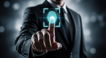 Businessman touching digital fingerprint icon on screen, highlighting data security authentication system on the virtual interface