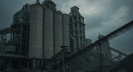 Obraz premium Industrial concrete silos under a cloudy sky.