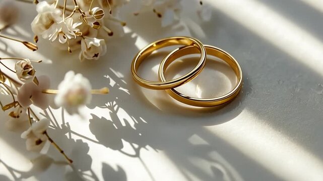 This video features two classic gold wedding rings elegantly resting on a soft white background, symbolizing love and commitment. Perfect for weddings or jewelry-related themes.