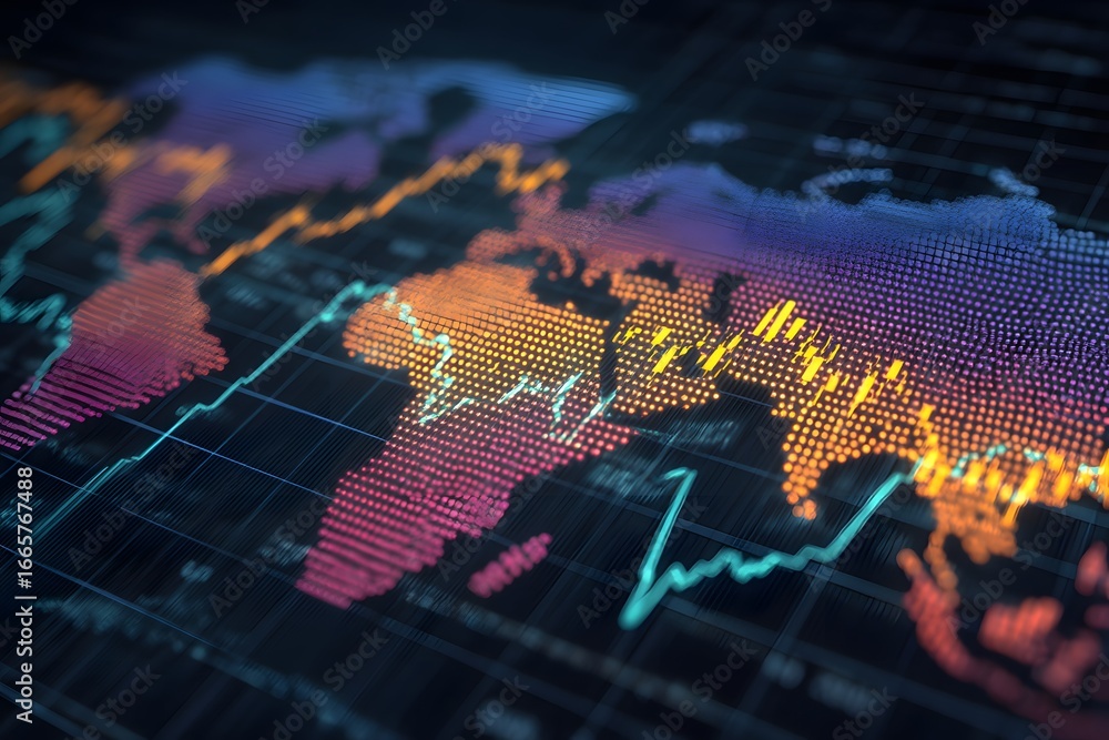 Poster a dynamic stock market graph with global charts and world map background, symbolizing the fast-paced