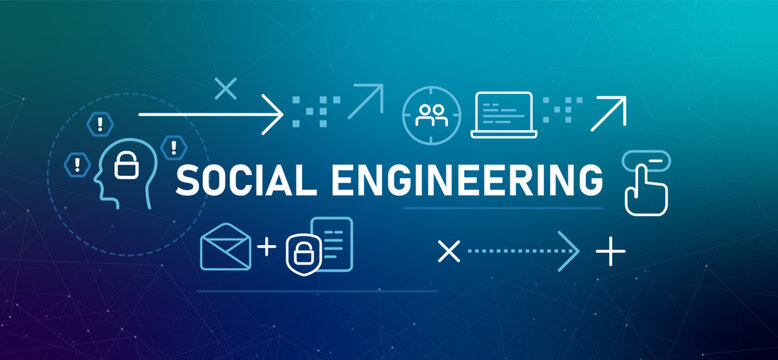 Social Engineering banner illustration graphic icons representing cyber threats and human user manipulation attackers deceive individuals to gain unauthorized access to data cyber security