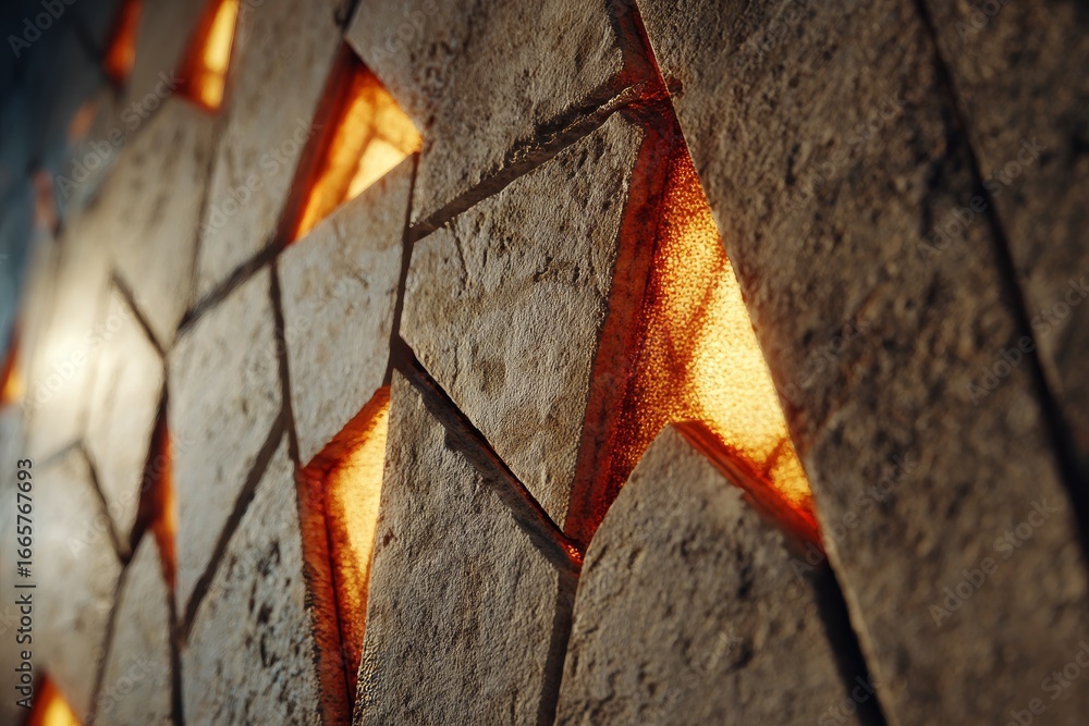 Poster a close-up view of a textured stone wall, featuring intricate, irregular shapes and warm, glowing li