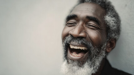 intense closeup portrait of american homeless person with exaggerated joyful expression
