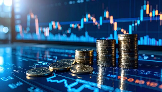 Examining financial trends with coins and stock market graphs in modern digital environment