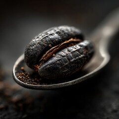 Close-Up View of Dark Coffee Beans on Silver Spoon with Ground Coffee
