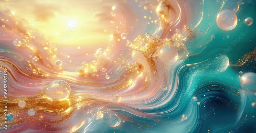 Poster abstract fluid swirls, golden light, pastel hues. bubbles float within dynamic composition, creating