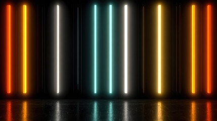 Glowing vertical lines reflect on dark floor