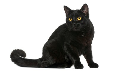 A sleek, black cat sits alertly, its gaze directed to the right, against a plain white background.