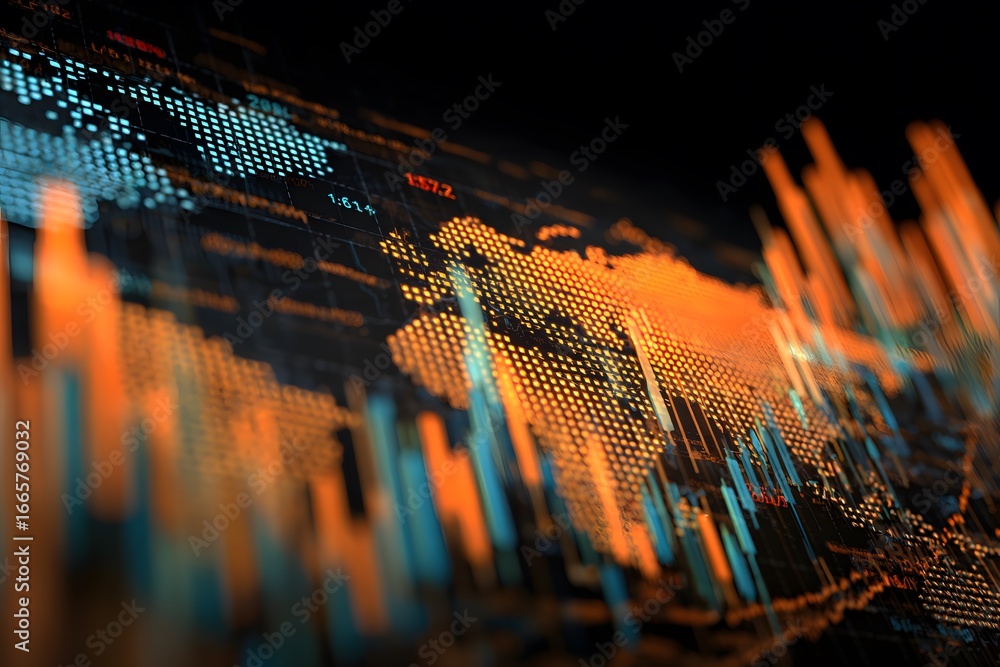 Poster a dynamic stock market graph with global charts and world map background, symbolizing the fast-paced