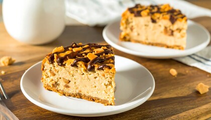 A delectable slice of cheesecake, topped with rich chocolate and crunchy peanut pieces, sits invitingly on a white plate.