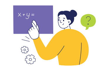 Flat cartoon vector illustration of young woman writing math formula on chalkboard. Teacher or student at blackboard, education scene with mathematics, study, knowledge, school and university life