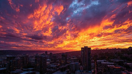 Obraz premium Fiery sunset over city skyline
