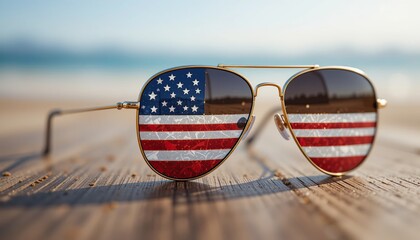 Patriotic Sunglasses on Beach Wood: Fourth of July Americana Summer Vibes