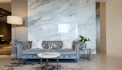 Elegant Living Room Interior with Marble Wall and Plush Sofa