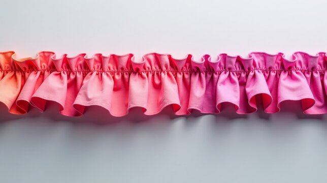 A delicate row of pink fabric ruffles, showcasing a gradient of shades from light coral to deep fuchsia, creates a charming and elegant textile border.