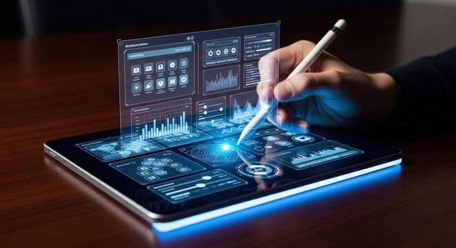 Hand uses digital pen with graphical user interface on tablet revealing technology insights