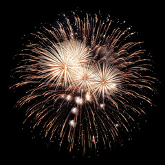 Obraz premium Gold Spark Firework Texture Radiant Pattern, Isolated on Black, Vibrant Fireworks Texture Burst on Black Night Sky, Dynamic Starburst Firework Texture for Party, Festival, and Celebration Backdrops