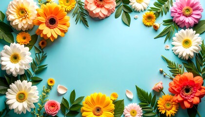 Obraz premium Colorful Flowers Frame with Blue Background.