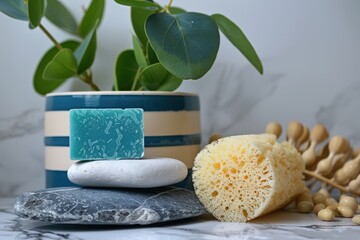 A teal soap bar sits atop stacked stones, alongside a light yellow bath sponge, in a natural setting.