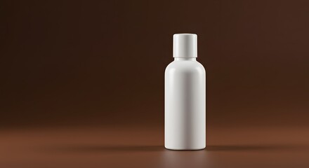 Studio shot of a white cosmetic bottle with a simple cap against a brown background, showcasing a minimalist product display with neutral tones and clean lines.