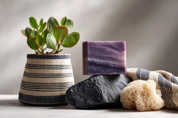 A stylish display of natural elements features a potted plant, a bar of lavender-toned soap, dark stones, and a textured bath sponge, all arranged on a light-colored surface.